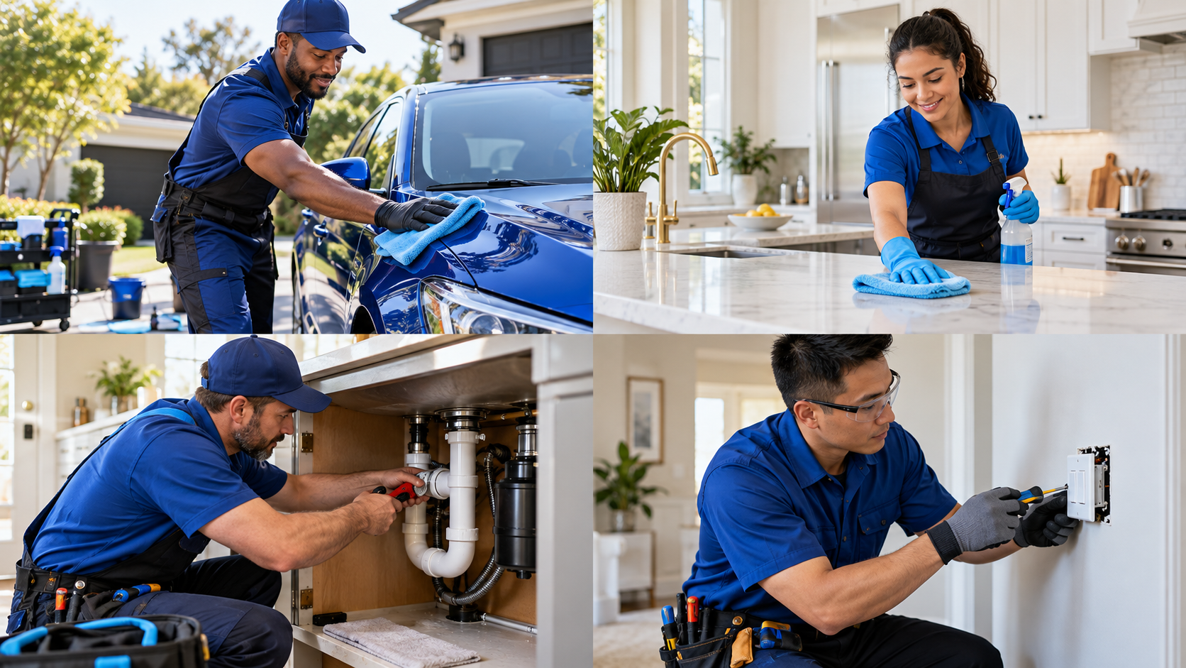 Illustrative examples of car detailing, kitchen cleaning, plumbing and electrical service businesses