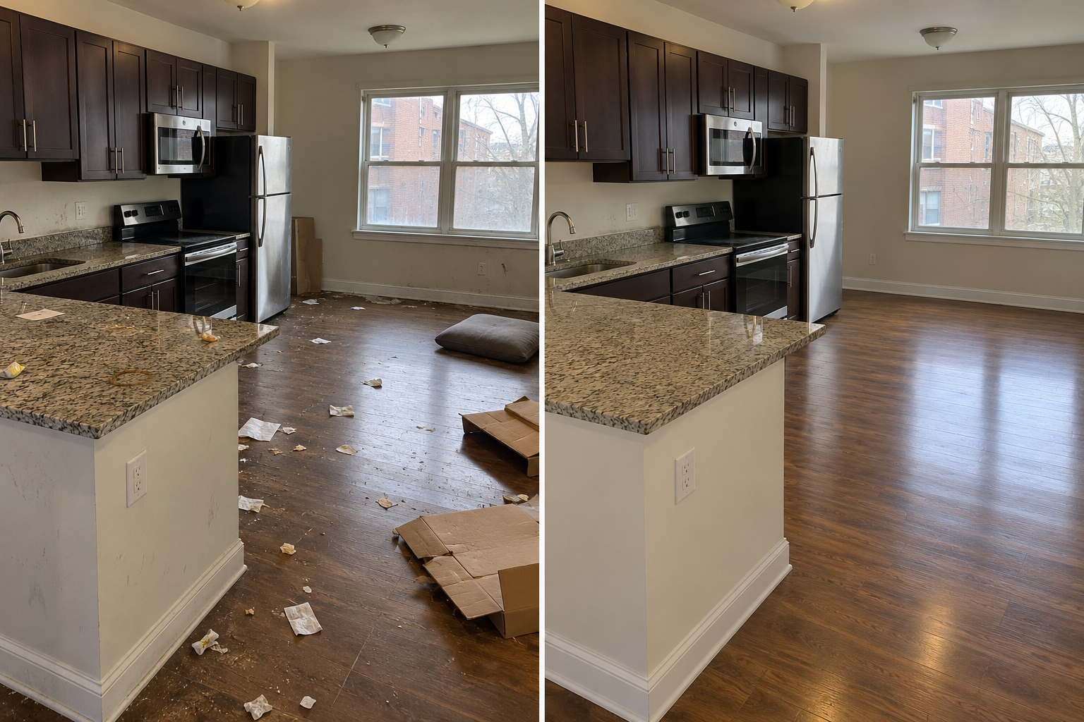 Illustrative before and after: a messy apartment with cardboard, crumbs and dirty floors on the left, and the same apartment cleared and cleaned on the right